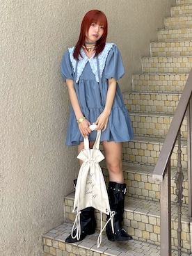 「jouetie（ジュエティ）のビッグカラーフレアミニワンピース チェック柄（ワンピース、ブルー系）」を使った、MOMOさん（レディース・160cm）の春コーディネート