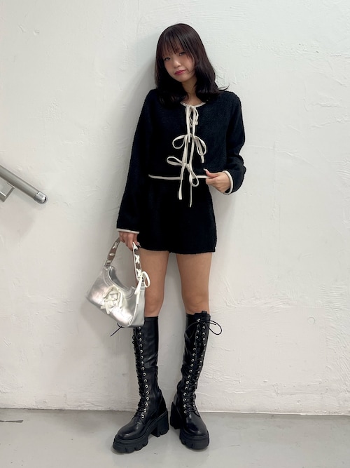 セール】ストレッチレースアップロングブーツ 厚底 靴 冬服（ブーツ