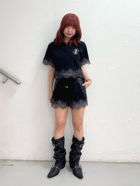 「jouetie（ジュエティ）のレースドッキングポロトップス（Tシャツ/カットソー、ブルー系）」を使った、MOMOさん（レディース・160cm）の夏コーディネート