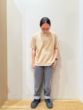 「ITEMS URBANRESEARCH（アイテムズ アーバンリサーチ）の冷感 フェイクレイヤースキッパー半袖プルオーバー（Tシャツ/カットソー、ベージュ系）」を使った、YUANさん（メンズ・168cm）の夏コーディネート