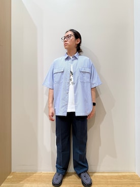「ITEMS URBANRESEARCH（アイテムズ アーバンリサーチ）の『接触冷感/速乾/イージーケア』高機能ストライプRDB半袖シャツ（Shirts、ブルー系）」を使った、YUANさん（メンズ・168cm）の夏コーディネート