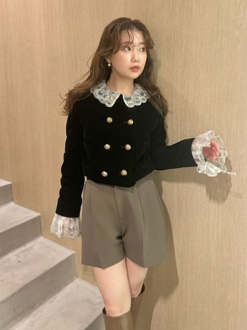 L.B CANDY STOCK]スカラップビジューアタッチドジャケット（ノーカラー