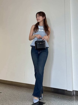 「LILY BROWN（リリーブラウン）の[L.B CANDY STOCK] リボンビジューツイードアメスリトップス（Tシャツ/カットソー、ブルー系）」を使った、LILY BROWNさんの夏コーディネート