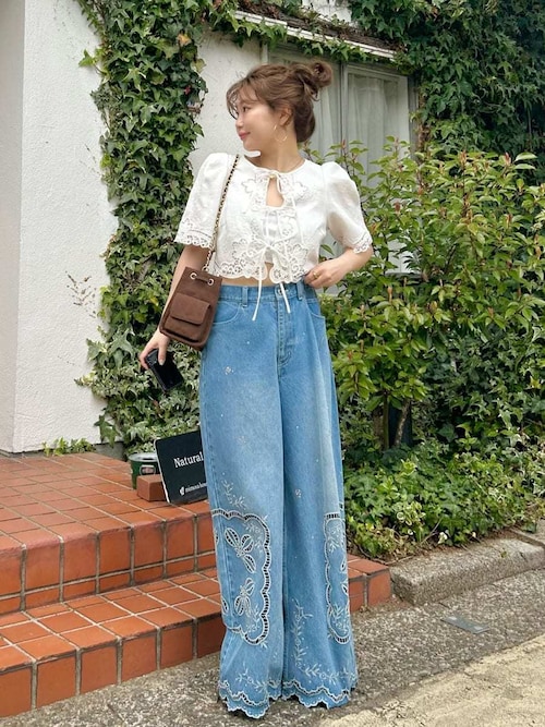 L.B CANDY STOCK]カットワークビジューデニムパンツ（デニムパンツ