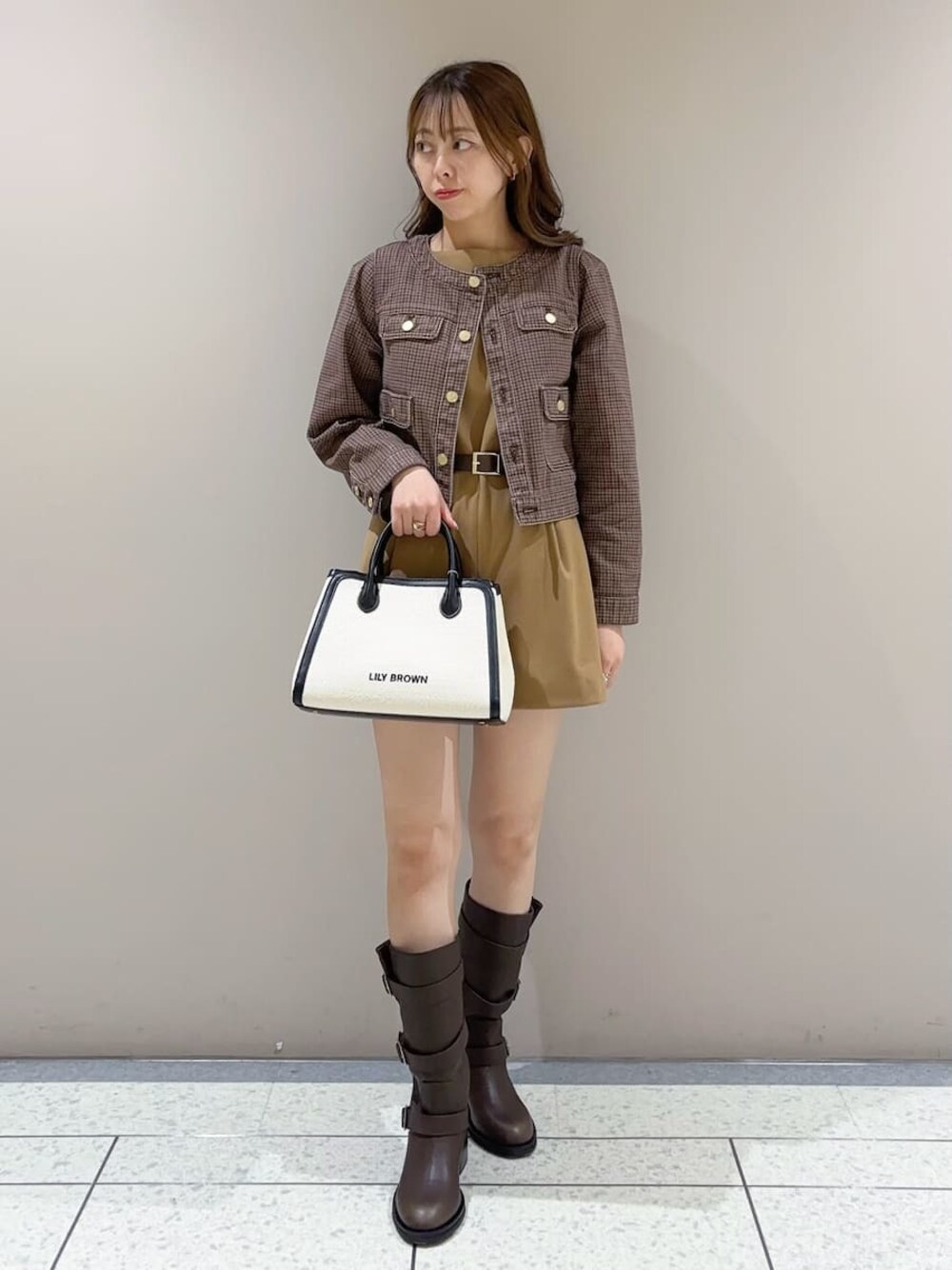 リリーブラウン ベルト付きミニロンパース チェック 0サイズ リリーブラウン LILY BROWN ベルト付きミニロンパース （CHECK
