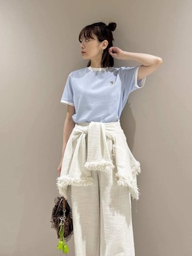「LILY BROWN（リリーブラウン）のカットツイードフリンジジャケット（ノーカラージャケット）」を使った、LILY BROWNさん（レディース・157cm）の夏コーディネート