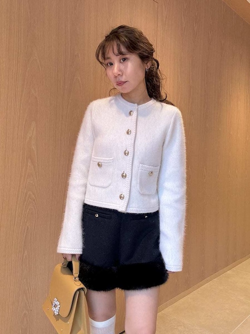 WEB限定カラー】金釦フォックスニットジャケット（ノーカラー