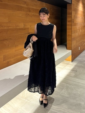 「ANDRESD（アンドレスド）のモコモコセットアップドレス / mocomoco set up dress（ドレス、ブラック系）」を使った、ANDRESD staffさん（レディース・160cm）の春コーディネート