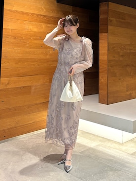 「ANDRESD（アンドレスド）のオーロラグラデーションドレス / aurora gradation  dress（ドレス、ベージュ系）」を使った、ANDRESD staffさん（レディース・160cm）の春コーディネート