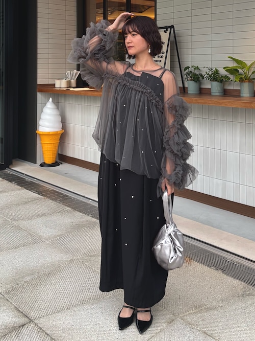 ANDRESD 黒ドレス ドット柄 シフォン袖 ANDRESD 黒ドレス ドット柄 シフォン袖