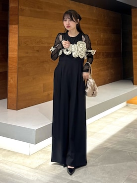 「ANDRESD（アンドレスド）のラッフルビスチェパンツドレス / ruffled bustier pants dress（パンツドレス、ベージュ系）」を使った、ANDRESD staffさん（レディース・160cm）の春コーディネート