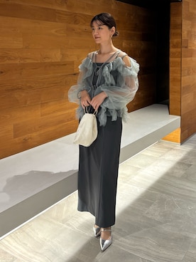 「ANDRESD（アンドレスド）のジグザグチュールドレス / zigzag tulle dress（ドレス、グリーン系）」を使った、ANDRESD staffさん（レディース・160cm）の春コーディネート