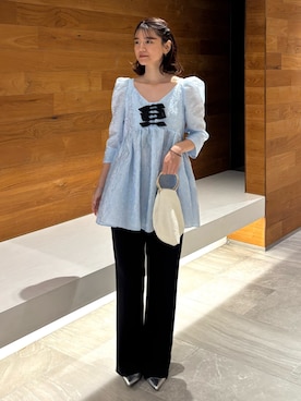 「ANDRESD（アンドレスド）のエッジドリボンセットアップドレス / edge ribbon setup dress（パンツドレス、ブルー系）」を使った、ANDRESD staffさん（レディース・160cm）の春コーディネート