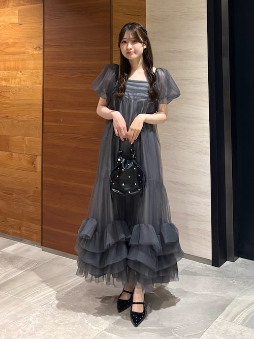 ANDRESD フラワープリント パフスリーブドレス M ボリュームチュールパフスリーブドレス / volume tulle puff sleeve