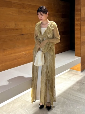 「ANDRESD（アンドレスド）のラッフルレースガウンレイヤードドレス / ruffle lace gown layered  dress（ドレス、イエロー系）」を使った、ANDRESD staffさん（レディース・160cm）の春コーディネート