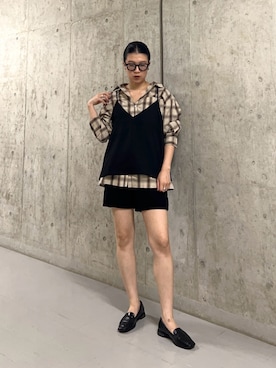 「KBF（ケイビーエフ）のビスチェSETチェックシャツ（シャツ/ブラウス、ベージュ系）」を使った、なかさんさん（レディース・156cm）の夏コーディネート