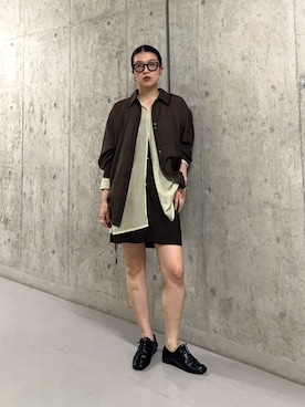 「KBF（ケイビーエフ）のシアーストライプレイヤードシャツ（シャツ/ブラウス、ブラウン系）」を使った、なかさんさん（レディース・156cm）の夏コーディネート
