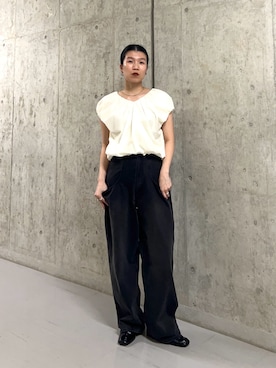 「KBF（ケイビーエフ）のバルーンリボンブラウス（シャツ/ブラウス、ホワイト系）」を使った、なかさんさん（レディース・156cm）の春コーディネート