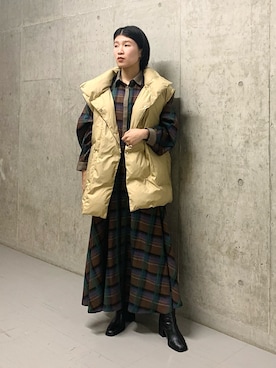 「チェック柄に恋してる」｜「アイテム（ダウンジャケット/コート）」を使った、なかさんさん（レディース・156cm）の冬コーディネート