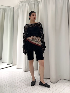 「KBF（ケイビーエフ）のクロシェルーズニット（ニット/セーター、ブラック系）」を使った、なかさんさん（レディース・156cm）の春コーディネート
