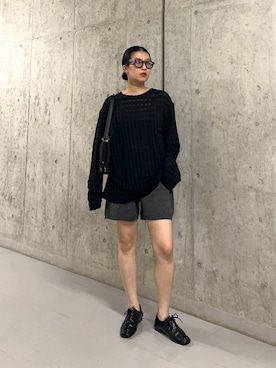 「KBF（ケイビーエフ）のシャドーチェックルーズロンTEE（Tシャツ/カットソー、ブラック系）」を使った、なかさんさん（レディース・156cm）の夏コーディネート