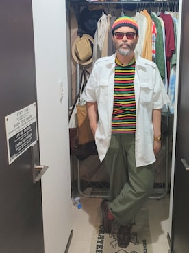 「アイテム（ニットキャップ/ビーニー）」を使った、アマタウロスさん（メンズ・169cm・40代）の夏コーディネート