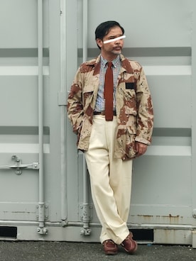 「古着のアイテム（スラックス、ホワイト系）」を使った、アマタウロスさん（メンズ・169cm）の夏コーディネート