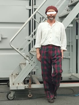 「アイテム（ハンチング/ベレー帽、ブラウン系）」を使った、アマタウロスさん（メンズ・169cm）の夏コーディネート