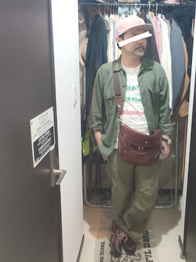 「不明のアイテム（キャップ、ピンク系）」を使った、アマタウロスさん（メンズ・169cm）の夏コーディネート