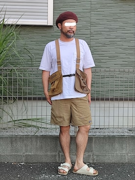「アースカラー」｜「アイテム（ハンチング/ベレー帽）」を使った、アマタウロスさん（メンズ・169cm）の夏コーディネート