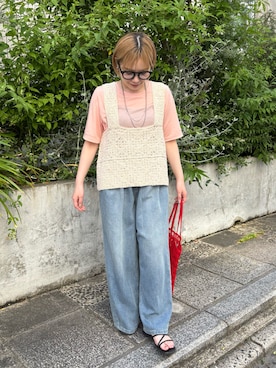 「PUAL CE CIN（ピュアルセシン）の綿麻デニムイージーパンツ（デニムパンツ、ブルー系）」を使った、erikaさん（レディース・147cm）の夏コーディネート