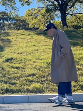 「ストライプ」｜「アイテム（ステンカラーコート）」を使った、ゆうちさん（メンズ・174cm）の秋コーディネート