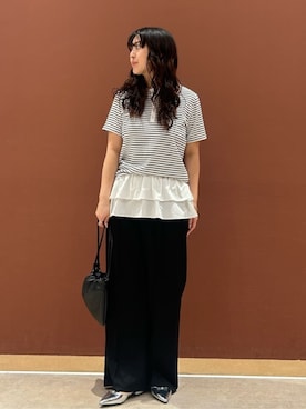 「A DAY IN THE LIFE UNITED ARROWS(アデイインザライフユナイテッドアローズ)のシボレザー 巾着バッグ <A DAY IN THE LIFE>(ハンドバッグ、ブラック系)」を使った、ア デイ イン ザ ライフさん(レディース・160cm)の夏コーディネート