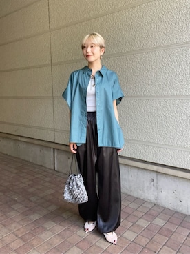 「A DAY IN THE LIFE UNITED ARROWS(アデイインザライフユナイテッドアローズ)のキラキラ メッシュ巾着バッグ <A DAY IN THE LIFE>(ハンドバッグ、シルバー系)」を使った、ア デイ イン ザ ライフさん(レディース・160cm)の夏コーディネート