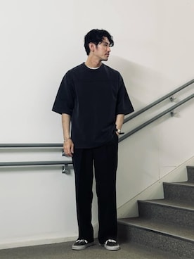 「A DAY IN THE LIFE UNITED ARROWS(アデイインザライフユナイテッドアローズ)のウールライク ツイル 1プリーツ ワイドスラックス<A DAY IN THE LIFE>(スラックス、ブラック系)」を使った、ア デイ イン ザ ライフさん(レディース・156cm)の夏コーディネート