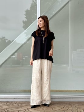 「A DAY IN THE LIFE UNITED ARROWS(アデイインザライフユナイテッドアローズ)のプレーティングテンジク フレア フレンチスリーブTシャツ ‐接触冷感・UVカット・吸水速乾‐<A DAY IN THE LIFE>(Tシャツ/カットソー、ブラック系)」を使った、ア デイ イン ザ ライフさん(レディース・156cm)の夏コーディネート
