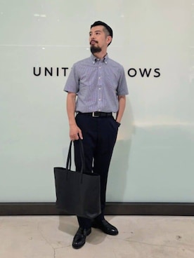 「A DAY IN THE LIFE UNITED ARROWS(アデイインザライフユナイテッドアローズ)のスムース レザー トートバッグ<A DAY IN THE LIFE>(トートバッグ、ブラック系)」を使った、ア デイ イン ザ ライフさん(レディース・156cm)の夏コーディネート