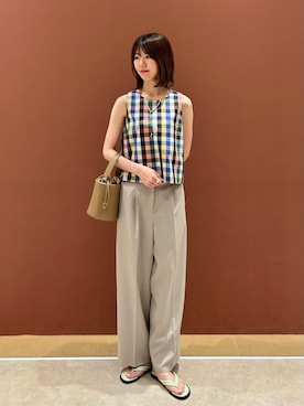 「A DAY IN THE LIFE UNITED ARROWS(アデイインザライフユナイテッドアローズ)のリネンライク マーベルト ワイドパンツ ‐ウォッシャブル‐<A DAY IN THE LIFE>(その他パンツ、ベージュ系)」を使った、ア デイ イン ザ ライフさん(レディース・156cm)の夏コーディネート