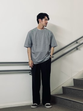 「A DAY IN THE LIFE UNITED ARROWS(アデイインザライフユナイテッドアローズ)のウールライク ツイル 1プリーツ ワイドスラックス<A DAY IN THE LIFE>(スラックス、ブラック系)」を使った、ア デイ イン ザ ライフさん(レディース・156cm)の夏コーディネート