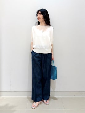 「A DAY IN THE LIFE UNITED ARROWS(アデイインザライフユナイテッドアローズ)のダブルジャガード シアー パフスリーブニット ‐ウォッシャブル‐<A DAY IN THE LIFE>(ニット/セーター、ホワイト系)」を使った、ア デイ イン ザ ライフさん(レディース・156cm)の夏コーディネート