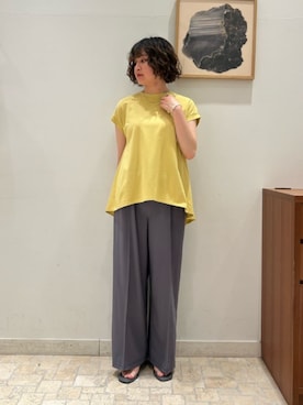 「A DAY IN THE LIFE UNITED ARROWS(アデイインザライフユナイテッドアローズ)のプレーティングテンジク フレア フレンチスリーブTシャツ ‐接触冷感・UVカット・吸水速乾‐<A DAY IN THE LIFE>(Tシャツ/カットソー、イエロー系)」を使った、ア デイ イン ザ ライフさん(レディース・156cm)の夏コーディネート
