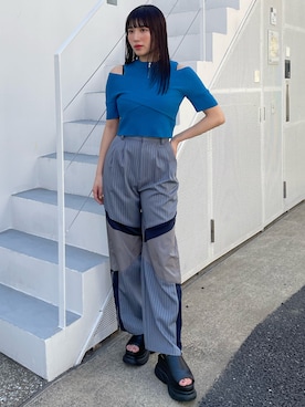 「カシュクールニット」｜辻村奈々さん（レディース・159cm）の夏コーディネート