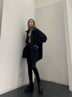「ハイウエストパンツ」｜「アイテム（ブルゾン）」を使った、杉原優利さん（レディース・152cm）の冬コーディネート