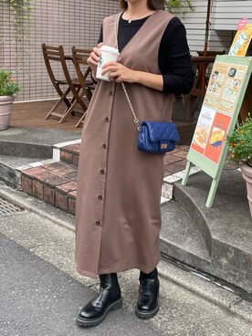「ブラウンコーデ」｜「アイテム（ジャンパースカート）」を使った、udc__komaさん（レディース・159cm）の秋コーディネート