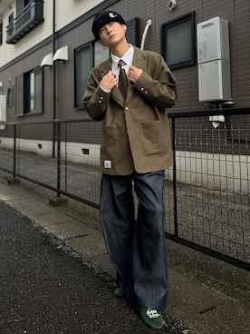 「アイテム（テーラードジャケット、グリーン系）」を使った、Reoさん（メンズ・171cm）の冬コーディネート