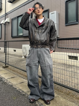 「アイテム（ライダースジャケット）」を使った、Reoさん（メンズ・171cm・20代）の冬コーディネート