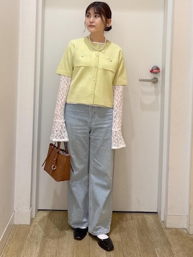 「ROPE' PICNIC（ロペピクニック）のパールキラキラビジューデニム（デニムパンツ、ブルー系）」を使った、さきさん（レディース・155cm）の春コーディネート