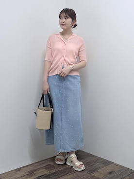「ROPE' PICNIC（ロペピクニック）のパールキラキラビジューデニムスカート（デニムスカート、ブルー系）」を使った、さきさん（レディース・155cm）の夏コーディネート