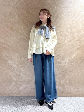 「ROPE' PICNIC（ロペピクニック）のさらっとライトオンスワイドデニムパンツ（デニムパンツ、ブルー系）」を使った、さきさん（レディース・155cm）の夏コーディネート