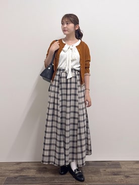 「ROPE' PICNIC（ロペピクニック）のフレンチスリーブリボンブラウス（シャツ/ブラウス、ホワイト系）」を使った、さきさん（レディース・155cm）の夏コーディネート